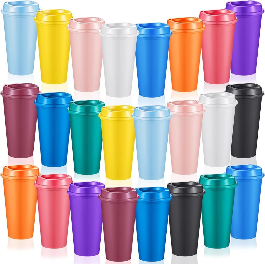 24 Pcs Reusable Coffee Cups with Lids 16 oz Travel Hot Cups Microwavable Plastic Tumblers Coffee Mugs for Hot and Cold Drinks (Bright Colors)