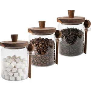 Set of 3 Glass Jars Containers with Wooden Lids and Scoop Clear Canister Jars Set with Spoon for Kitchen Food Storage Coffee Tea Sugar Decorative Countertop Organization Jars 31 oz (3)