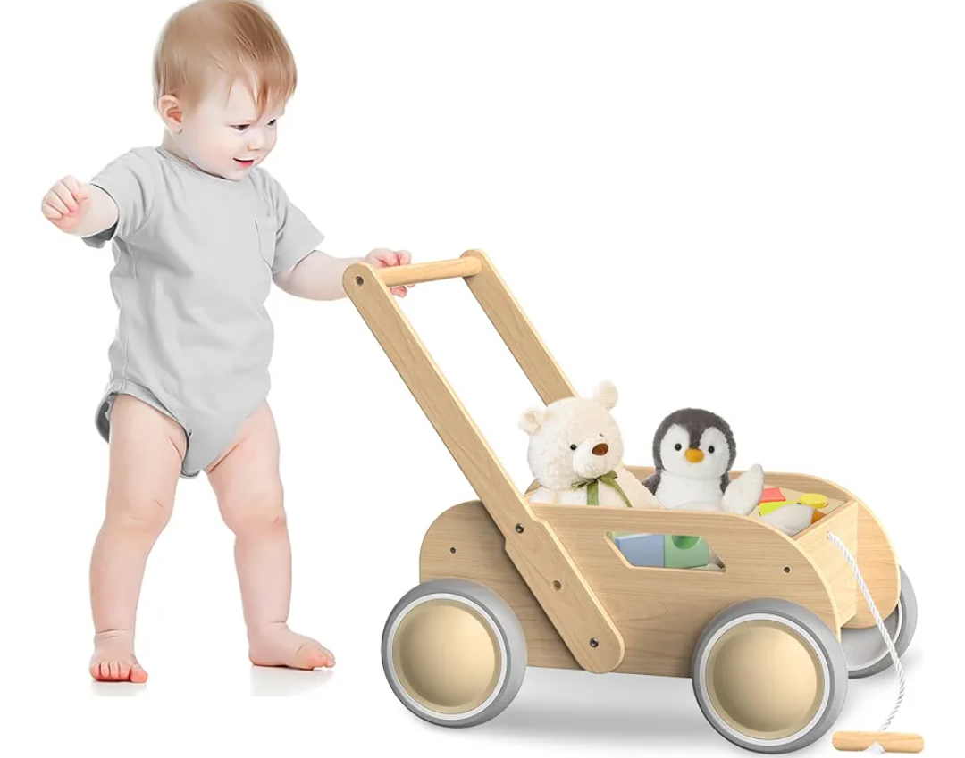 Wooden Baby Walker, Push and Pull Learning Walking Toys for Babies Infants to Toddler, Walker with Wheels for Boys Girls, Gift for Birthday Christmas, Natural