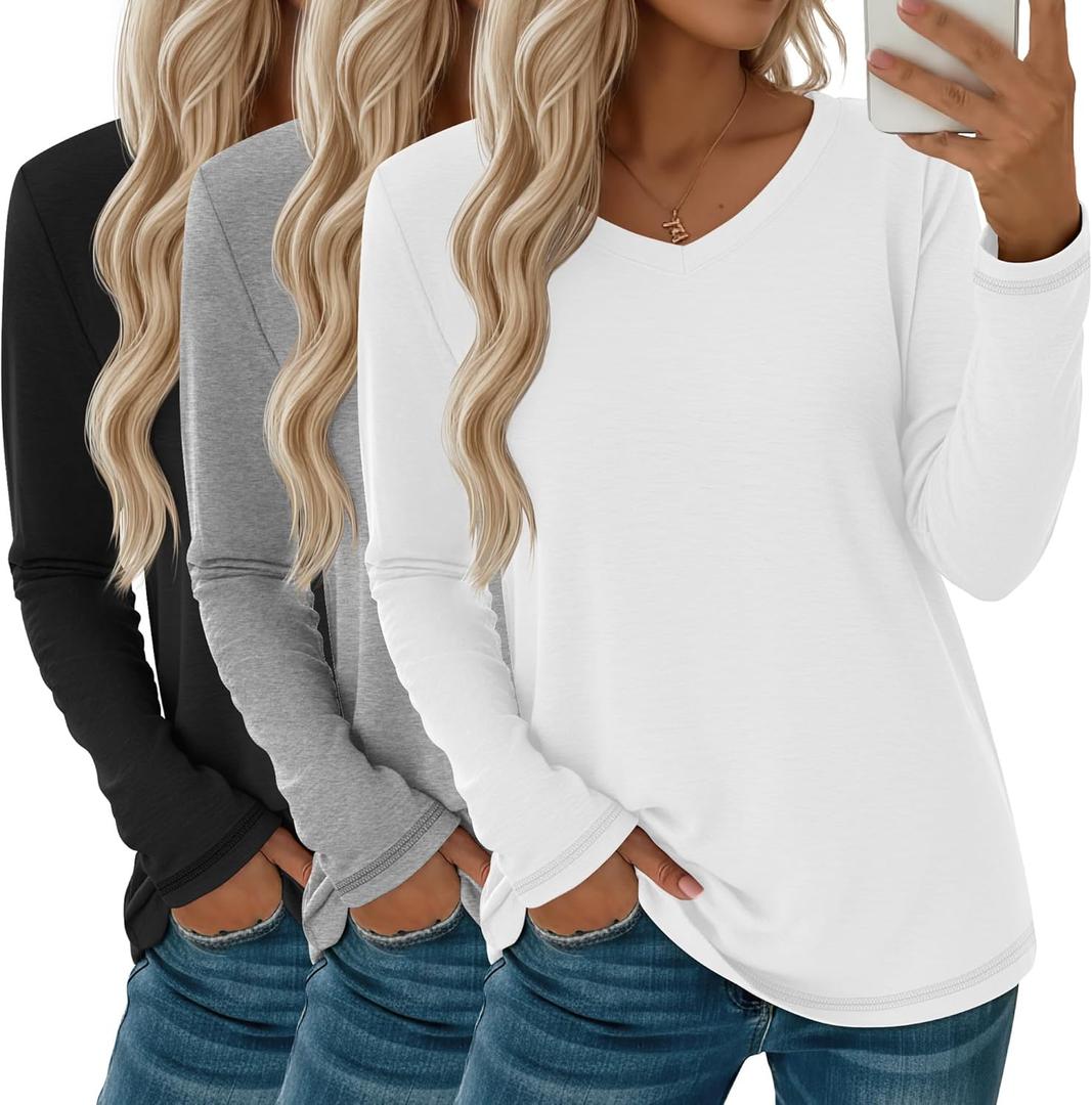 Oakgarden 3 Pack Women's Long Sleeve T Shirts Casual V Neck Tops Loose Fit Basic Tees Soft Fall Tee Shirts (X-Large, Black, Gray, White)