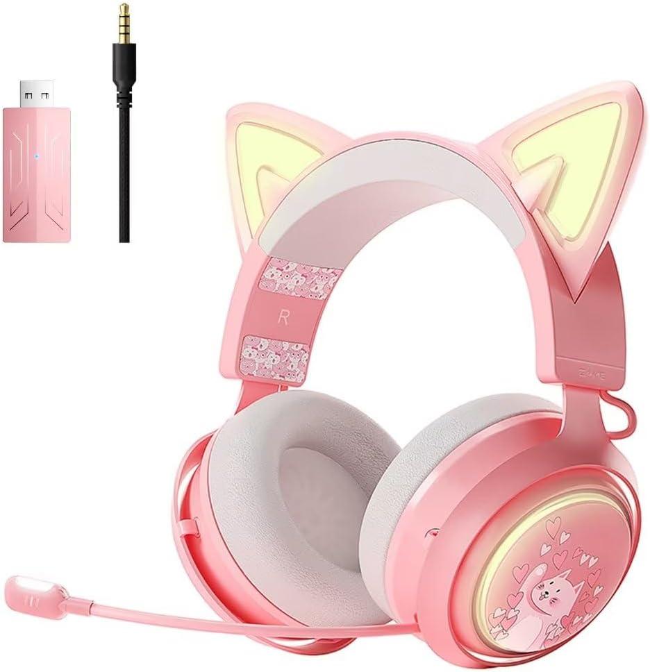 SOMIC Cat Ear Headphones, 2.4G/Bluetooth Wireless Gaming Headset for PS5, PS4, PC with RGB Lights and Retractable Mic, 10Hrs Playtime, 7.1 Surround Sound for Laptop, Smartphone-GS510 Pro - Pink