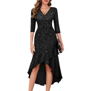 BeryLove Sequin Formal Cocktail Wedding Guest Dress Prom Sparkly Party Evening Gowns Ruffle Hi Low Midi Dresses (Large, Black)