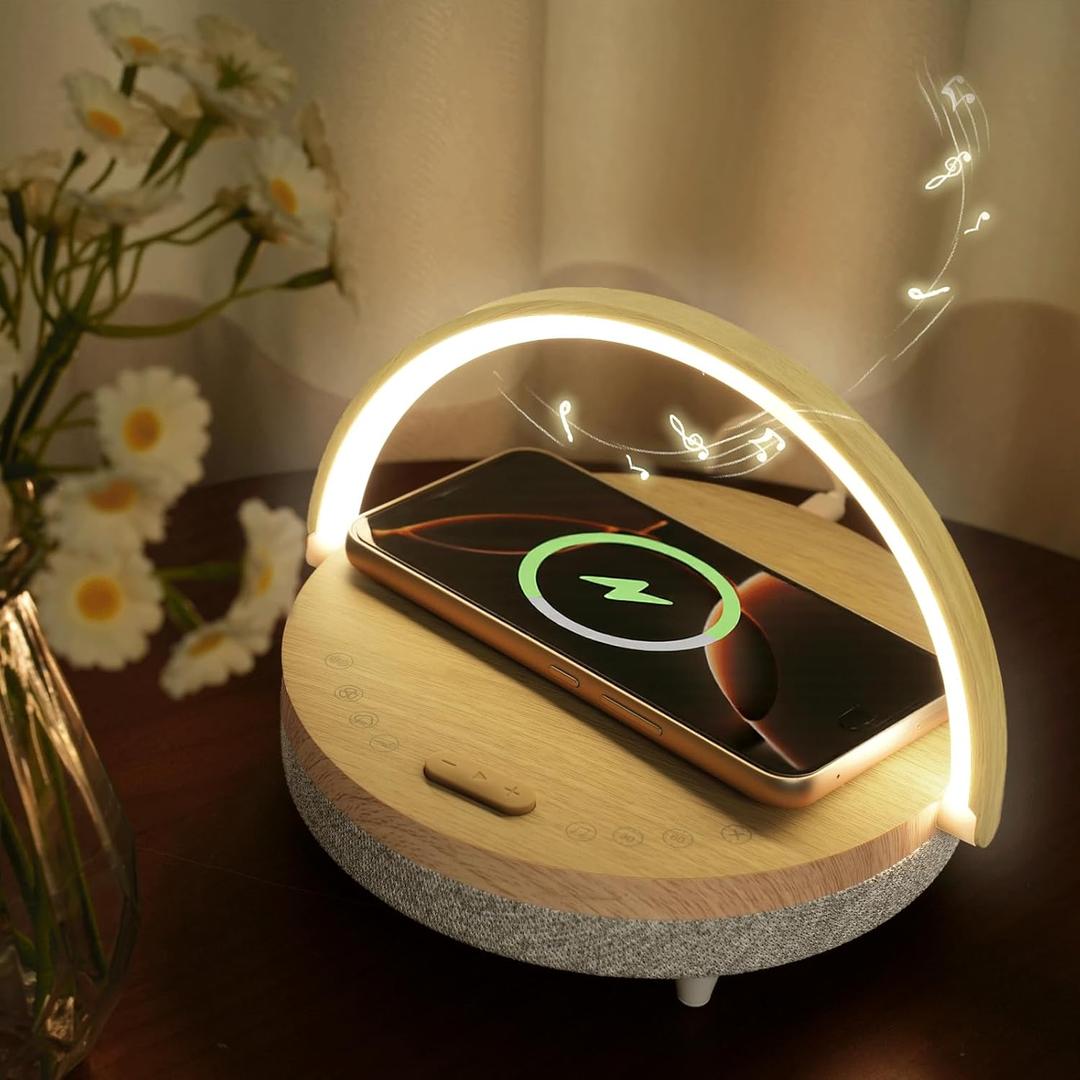 Bedside Table LED Night Light with Wireless Charger and Bluetooth Speaker, Desk Lamp As Sleep Aid White Noise Machine and Phone Holder, Great Birthday Gifts for Girlfriend, WomenMusic Upgrade (Wood Grain)