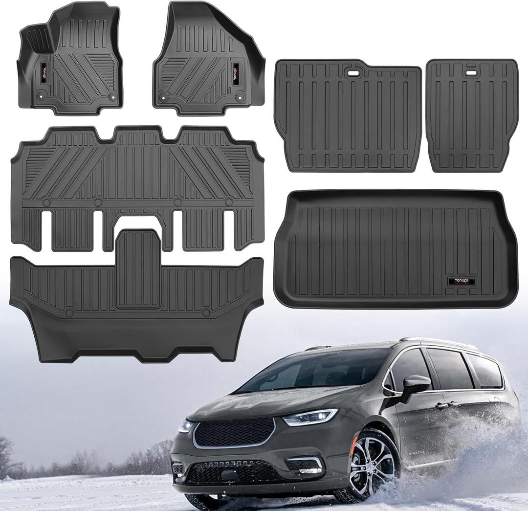 for 2017-2025 2026 Chrysler Pacifica/Voyager 7 or 8 Seater Floor Mats Trunk Cargo Liner and 3rd Backrest Mats TPE All Weather Fit Chrysler Pacifica/Voyager Accessories (Non Hybrid) (Full Set)