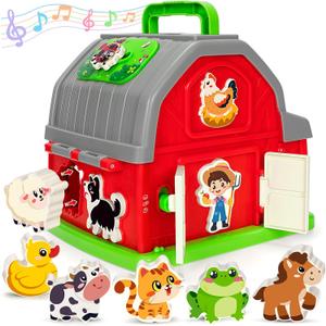Montessori Toddler Toys for 1 2 3 Year Old Gifts, Musical Farm Animal Barn Toy for Boys Girls, Shape Sorting Fine Motor Learning Toy for Toddlers 1-2 2-3, Christmas Birthday Gift for Baby 12-18 Months