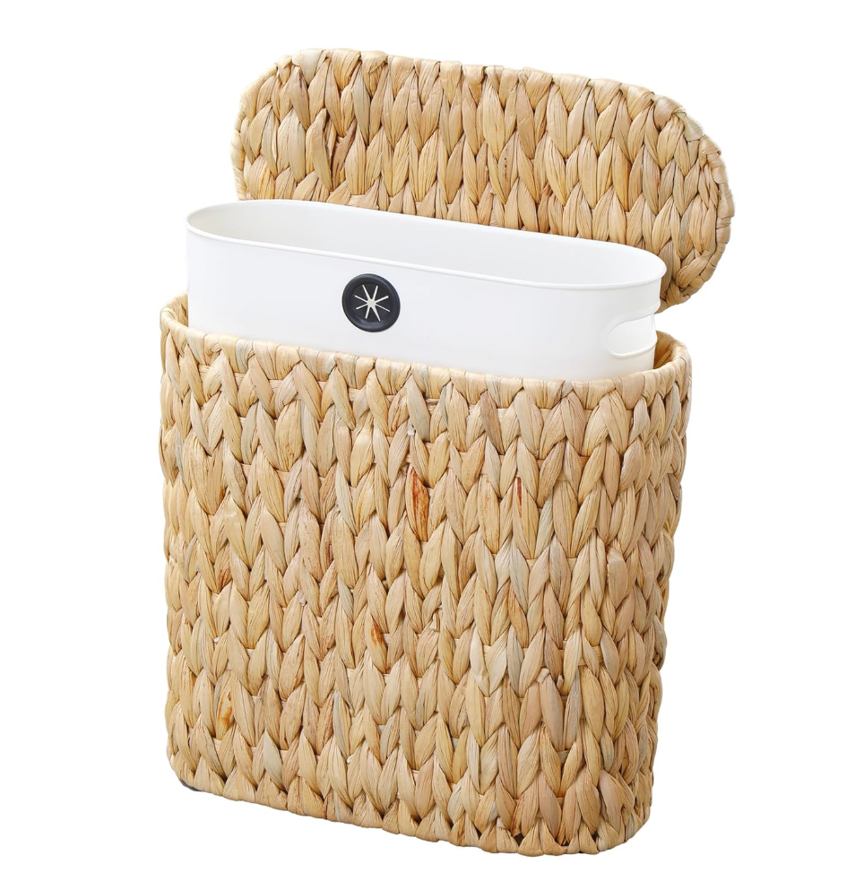 Coeusy Wicker Bathroom Trash Can with Lid,Narrow Rattan Waste Basket with Removable Liner Bucket,Slim Woven Water Hyacinth Garbage Can for Bedroom,Office,Small Spaces,3 Gallon