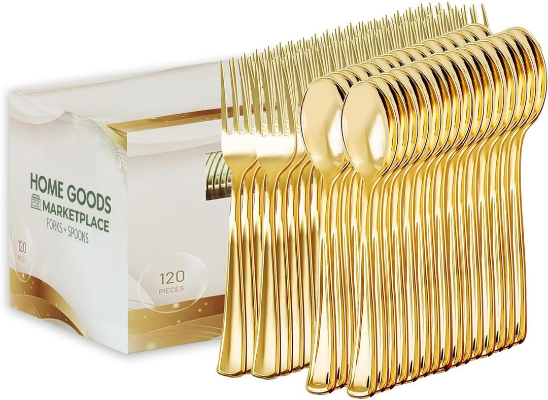 Gold Disposable Cutlery Set, Gold Forks + Spoons, (120 Count), Disposable Silverware assortment