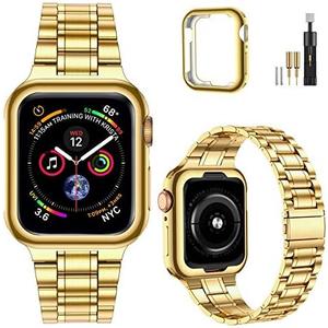 MioHHR Solid Stainless Steel Band Compatible with Apple Watch 45mm, Metal Strap with Soft TPU Case for iWatch Series 9 8 7 45mm Women and Men, Gold
