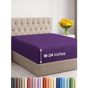 Extra Deep Cal King Fitted Sheet - Hotel Luxury Single Fitted Sheet Only - Easily Fits 18 inch to 24 inch Mattress - Ultra Soft, Wrinkle & Fade Free w/Extra Deep Pockets - Breathable & Comfy - Purple