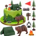 Hooqict Camping Cake Decorations with Mini Tent, Campfire, Tree, Camp Sign, Animal Camping Cake Toppers & Cupcake Toppers for Forest Camp Themed Birthday Party Decorations Supplies