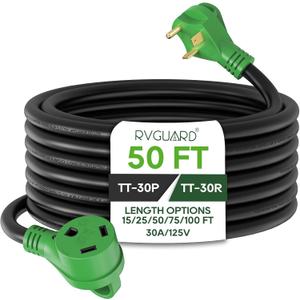 RVGUARD 30 Amp 50 Foot RV Extension Cord, Heavy Duty 10/3 Gauge STW Cord with LED Power Indicator and Cord Organizer, TT-30P/R Standard Plug, Green, ETL Listed
