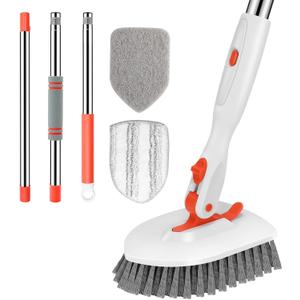 SetSail Floor Scrub Brush, 3-In-1 Tile Tub Floor Scrubber with 52-inch Adjustable Long Handle Shower Cleaner Brush and 3 Detachable Replacement Brush Heads for Cleaning Bathroom Kitchen Walls Tub Tile (Orange)