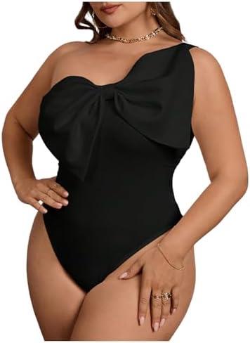 WDIRARA Women's Plus Size Bow Front One Shoulder Bodysuit Asymmetrical Sleeveless Top 3XL