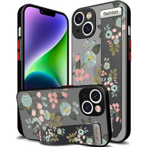 Compatible for iPhone 14 Plus Case Cute with Strap Stand Finger Kickstand, Designer Cool Silicone Cases Funda Cover - Green Flowers Spring Nature