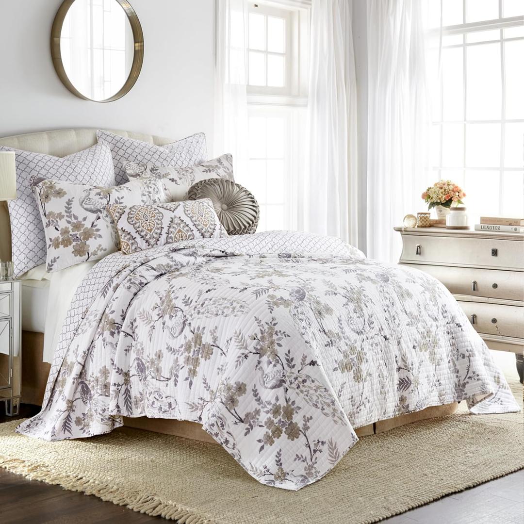 Levtex Home Pisa Reversible King/Cal King Quilt Set (106x92in) with 2 Pillow Shams (36x20in) - Floral Peacock - Grey, Taupe - 100% Cotton King Size Quilt Bedding Set - Lightweight, Soft, Pre-Washed