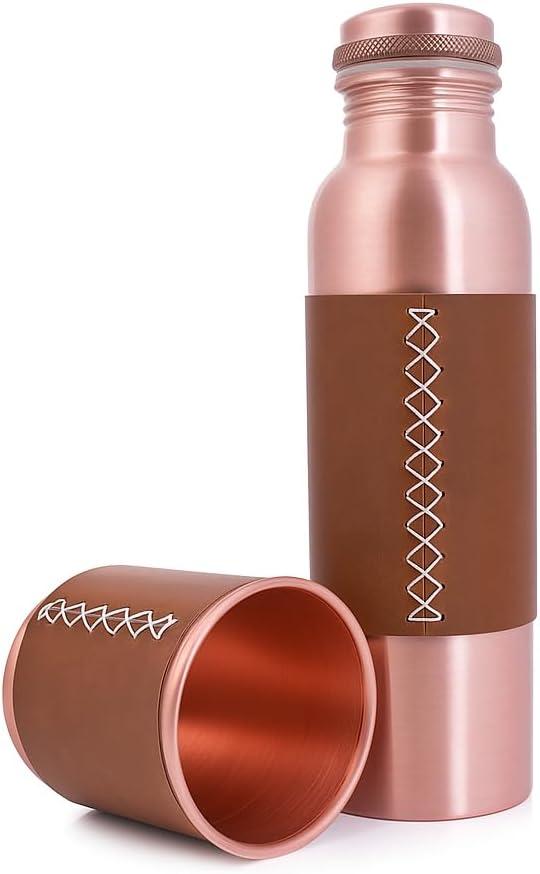Artisan coppers 100% Pure Copper Bottle & Tumbler Set (32oz)  Leak-Proof, Handcrafted, Ayurvedic, with Leather Sleeves  Ideal for Daily Use & Gifting