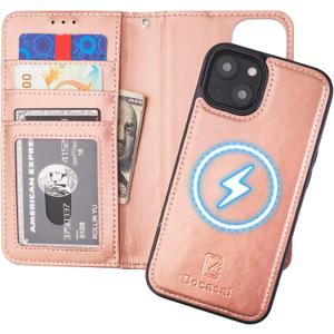 Bocasal for iPhone 14 Wallet Case Compatible with MagSafe Wireless Charging, RFID Blocking Magnetic Leather Case with Card Slots Holder Kickstand Detachable Wrist Strap 6.1 Inch (Rose Gold) (Rose Gold for MagSafe)