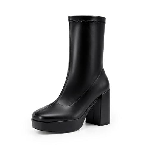 DREAM PAIRS Women's Mid Calf Gogo Boots Platform High Chunky Block Heel Square Toe Ankle Boots, Size 9, BLACK-PU,SDMB2410W