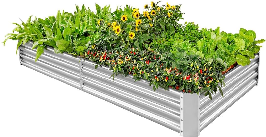 Land Guard 6×3×1ft Galvanized Metal Raised Garden Bed, Metal Planter Kit Box Outdoor for Deep-Rooted Vegetables, Flowers, Green and Herbs, Silver