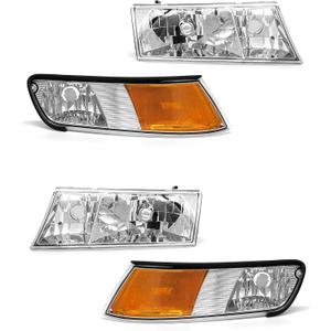 1998-2002 Mercury Grand Marquis Headlight Assembly for 98 99 00 01 02 Mercury Grand Marquis Chrome Housing Headlamp with Clear Lens Amber Reflector Left+Right Pairs(Not included Bulbs)