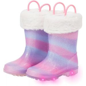 Toddler Rain Boots Kids Light up Snow Boots Boys Girls Waterproof Winter Boots with Removable Warm Lining (Pink&purple With Socks)