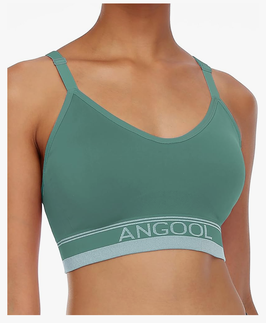 ANGOOL Strappy Sports Bra for Women, Longline Medium Support Yoga Bra Wirefree Padded Sports Bra with Adjustable Straps S