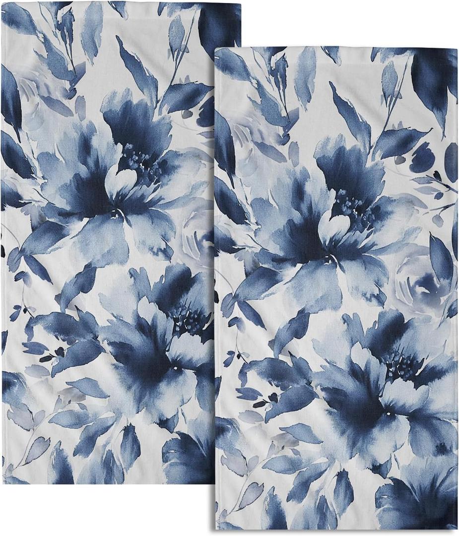 Navy Blue Flower Hand Towels Set of 2, Modern Ink Floral Face Towel 28X14 inch, Watercolor Botanical Floral Kitchen Dish Towels Quick Dry Super Absorbent Soft Washcloths for Bathroom Yoga Workout Gym (one size)