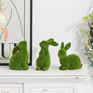 Resin Flocked Bunny Figurines Set of 3, Artificial Green Moss Bunnies for Easter Decor, Small Decorative Rabbit Statues for Home Decor, Spring Tabletop Centerpiece, Outdoor Decorating