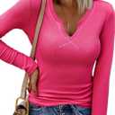 Zeagoo Womens Long Sleeve Shirts V-Neck Rib Knit Slim Fit Tops Casual Stretch Basic Tee Going Out Top Fall Fashion 2025 (Pink, M)
