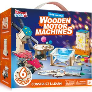 Klever Kits Science Building Toys 6 Projects- Make Your Wooden Motor Machines- Learning Crafts and STEM Activities for Kids Aged 8 9 10 + DIY Race Car & Star Nightlights