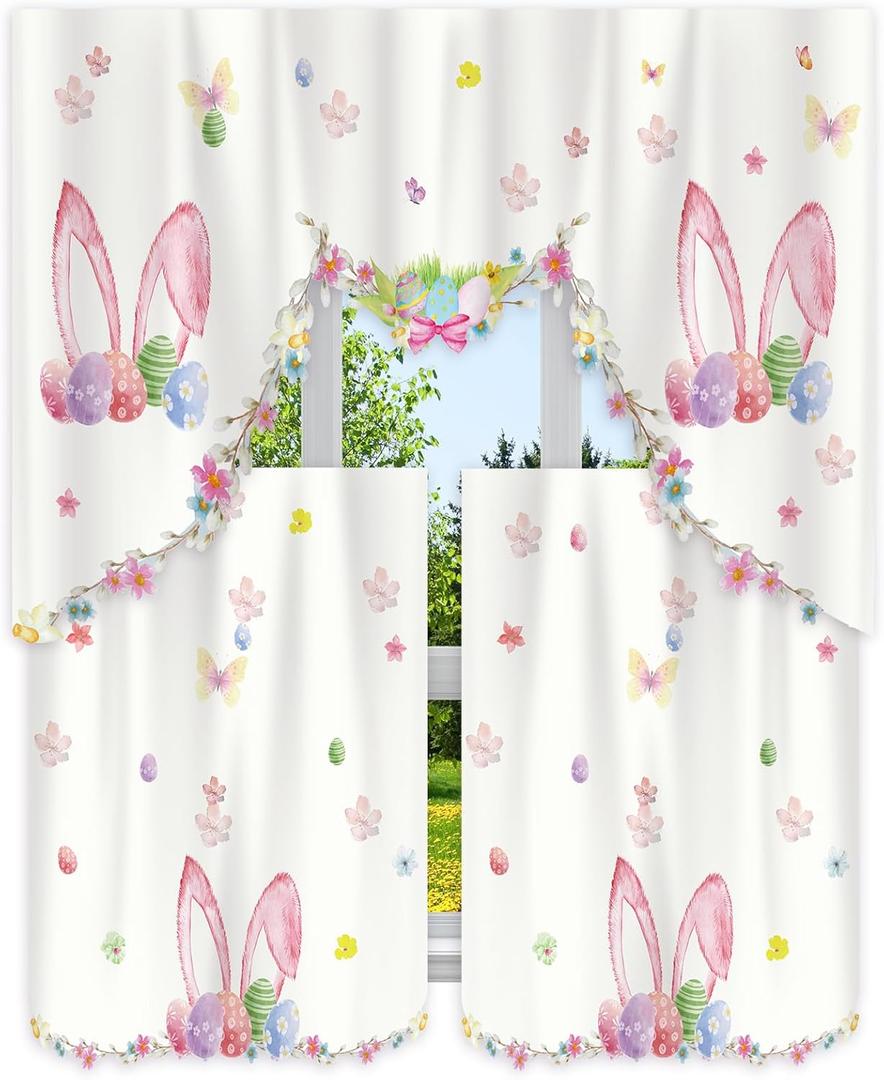 FuWeave 3 Pcs Easter Kitchen Curtains Bunny Eggs Spring Valances and Tiers Set for Window Farmhouse Rabbit Ear Eggs Short Curtain for Home Easter Kitchen 58 x 34'' Valance 29 x 34'' Tier(White)