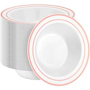 100 Pack Disposable Soup Bowls with Rose Gold Rim, 12oz Premium Heavy Duty Plastic Dinner Bowls for Party, Wedding and Holiday