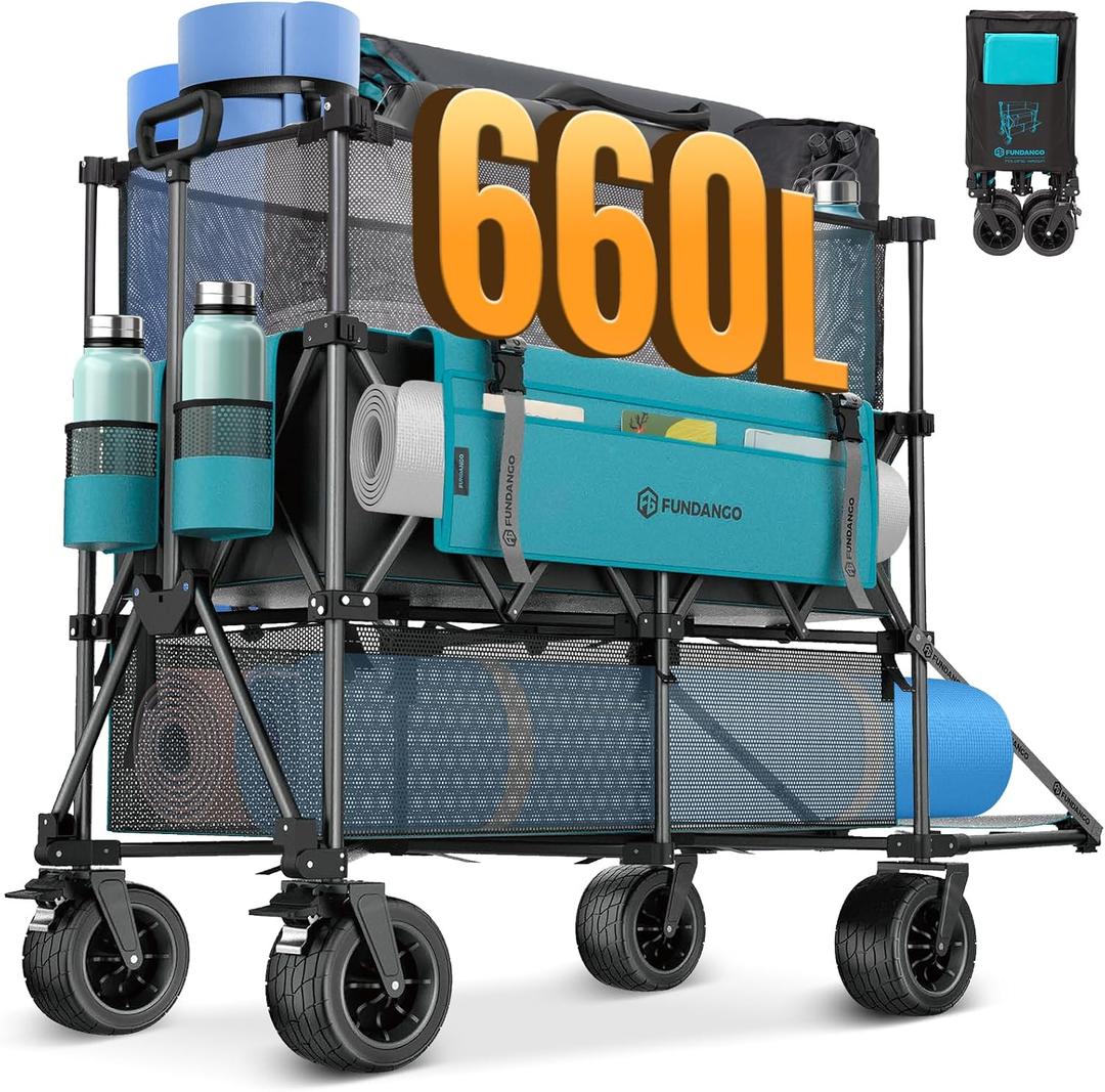 FUNDANGO Double Decker Wagon  660L Extra High Extender Collapsible Wagons Carts Foldable Heavy Duty with Tailgate, Brakes & All-Terrain Big Wheels for Sports, Camping, Grocery Shopping, Blue