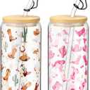 Baderke 2 Sets Western Cowgirl Beer Can 16 oz Drinking Cups with Bamboo Lid Glass Straw and Cleaning Brush Cowboy Boots Iced Coffee Cup Reusable Tumbler for Party Favors Gifts(Clear)