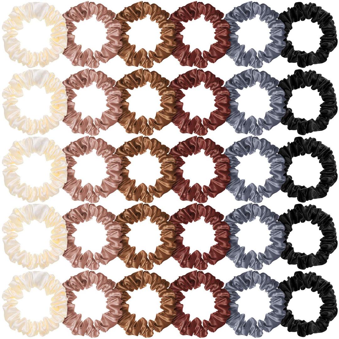 WILLBOND 30 Pcs Small Satin Silk Scrunchies Bulk for Women, Thin Hair Ties Mini Scrunchy Bands Skinny Ponytail Holders for Thick Curly Hair Pony Tails Wrist Decor(Colorful)