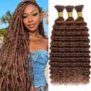 Kameinike #30 Brown Deep Wave Bulk Human Hair for Boho Braids, 3 Bundles/Pack 150g 22 Inch No Weft 12A Curly for Human Braiding Hair Extensions