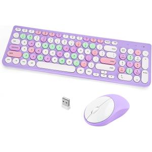 Wireless Keyboard and Mouse Combo, Retro Typewriter Wireless Keyboard with Round Keycaps, 2.4GHz USB Cute Wireless Keyboard Mouse for Computer, Desktop, Laptop (Purple Colorful)