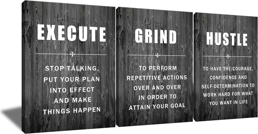 Inspirational Poster Execute Grind Hustle Motivational Wall Art 3 Pieces Canvas Prints Artwork for Living Room Modern Home Decor Painting Pictures Stretched and Framed Ready to Hang [36''Wx 16''H]