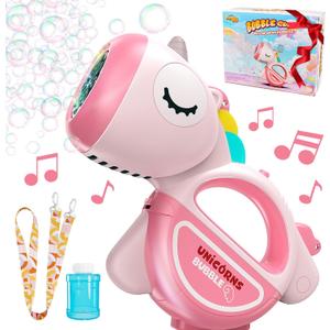 Bubble Machine Gun with Lights Music, Portable 360Leak Proof Automatic Bubble Maker Machine for Kids Toddler 1-3 4-8 Parties, Bubble Blower Birthday Gift
