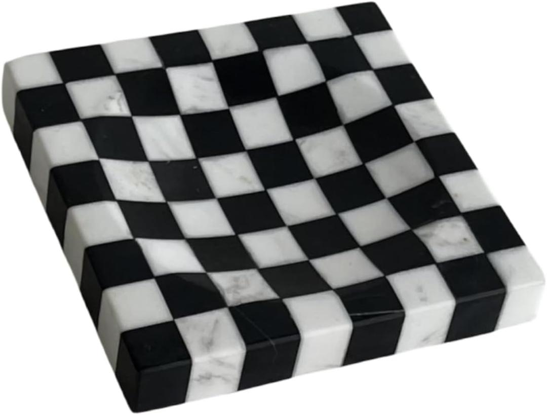 Marble Stone Black and White Checkerboard Square Small Splicing Mosaic Tray Jewelry Dish (Black and White)