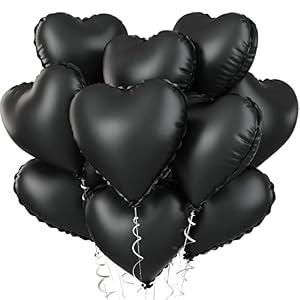 Foil Heart Balloons - 10 Black Heart Shaped Balloons, 18inch Metallic Foil for Valentines Day, Wedding, Birthday, Halloween Party
