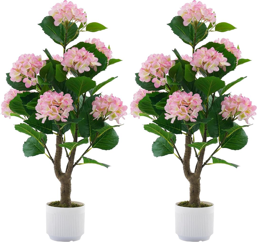 Artificial Hydrangea Tree 2 Pack, 3FT Faux Hydrangea Plant in Pot with Pink Flowers, Greenery Potted Plant for Indoor Outdoor Office Home Porch Decor, Pink