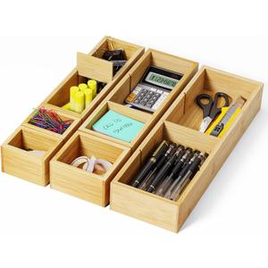 6PCS Desk Drawer Organizer Tray with 12 Compartments Bamboo Office Storage Boxes Set for Junk Drawer Supplies, Utensils, Cosmetics, Jewelry and More
