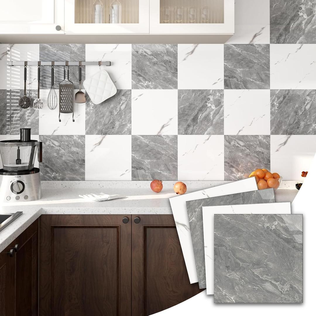 20-Pack Peel and Stick Marble Wall Tiles, 12 x 12 Self-Adhesive Backsplash Tile, PVC Wall Panels for Bathroom, Kitchen, Living Room and Laundry Room, Polish Dark Grey&White Marble (Not Real Tile)