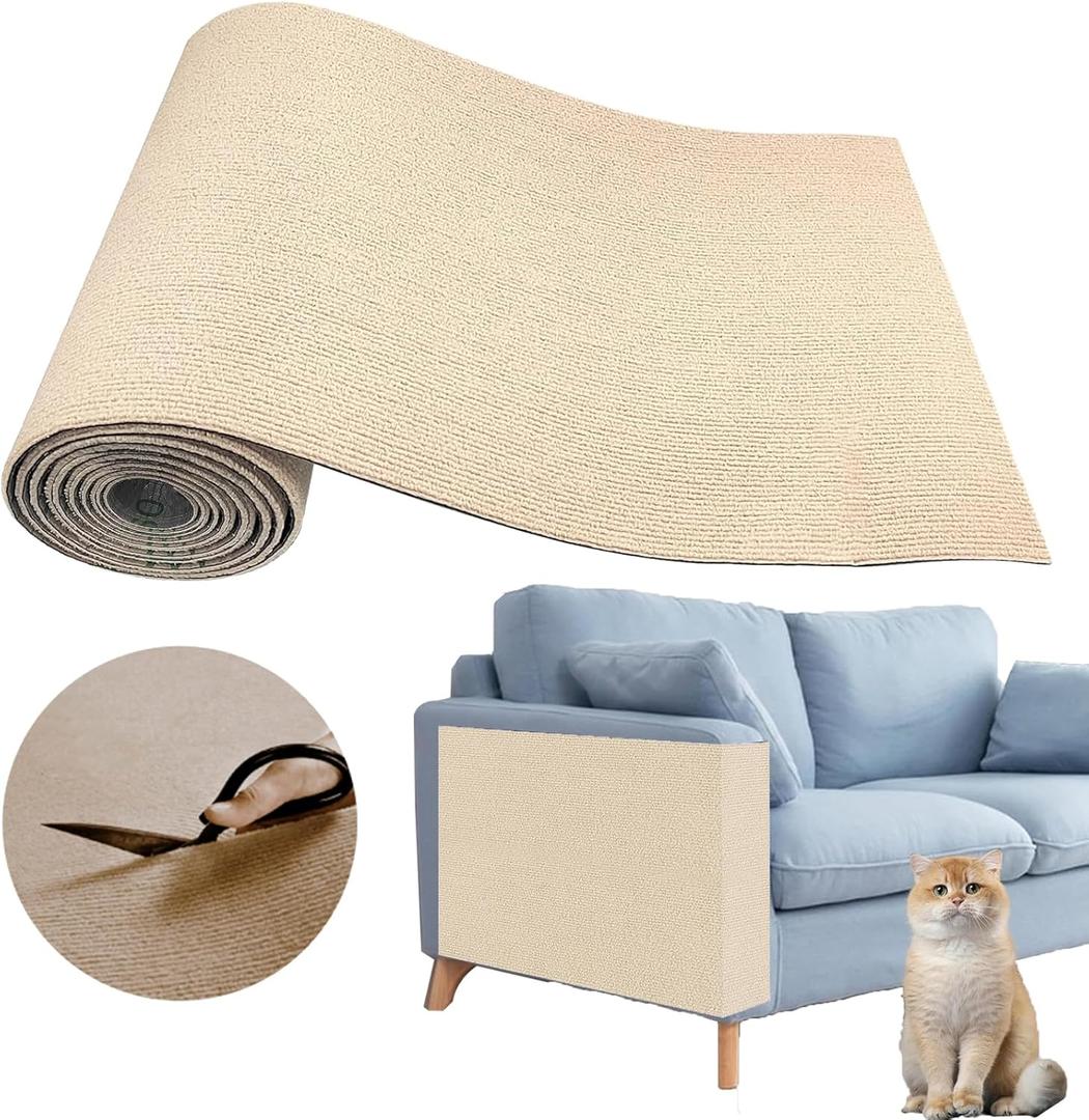 Cat Scratching Climbing Carpet Mat, Adhesive Trimmable Cat Scratcher Furniture Protector, Cat Post Covered Pad Replacement for DIY Cat Tree Shelf Steps Couch Corner Wall (Khaki, 39.3x15.8Inch)