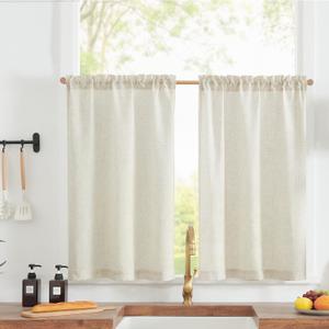 Jinchan Linen Textured Tier Curtains 24 Inch for Kitchen Windows Farmhouse Cafe Curtains Small Drapes Rustic Light Filtering Half Window for Living Room Laundry Rod Pocket 2 Panels, Beige