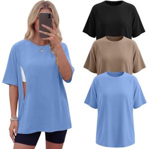 3 Pack Women's Oversized Nursing Tops for Breastfeeding with Hidden Zippers Loose Fit Short Sleeve Maternity Tops (Large, Sky Blue, Light Khaki, Black)