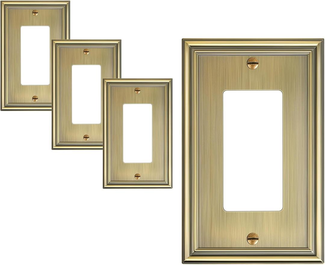 4-Pack Decorator Cover Plate, Antique Brass Decorative Switch Plates and Outlet Covers, Durable Zinc Alloy Wall Plates for Electrical Outlets, Receptacle, GFCI Outlet, Dimmer Switch