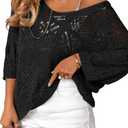 Saodimallsu Womens Crochet Cover Up Top Summer 3/4 Sleeve Off Shoulder Sweater Shirts Mesh Boho Beach Swimsuit Coverup M