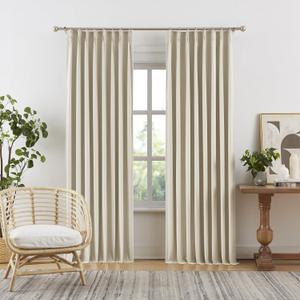 DUALIFE Natural Blackout Pinch Pleated Curtains for Bedroom 95 Inch Length, Linen Blended Farmhouse 100% Blackout Thermal Insulated Back Tab Drapes with Hooks for Track System 2 Panels-W50xL95